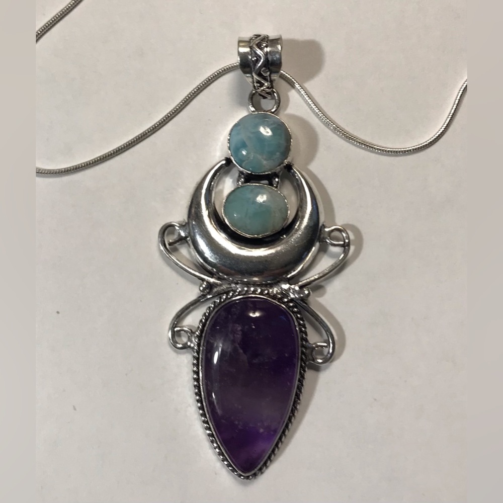 Amethyst Larimar Stamped 925 Sterling Silver Necklace